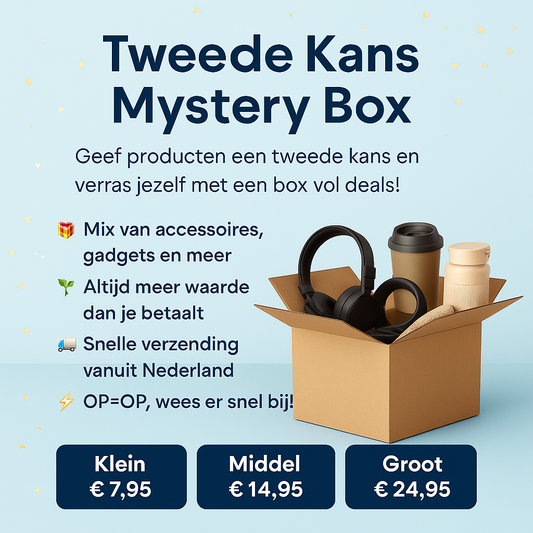 Promotieafbeelding van mysteryboxenkopen.nl met tekst 'Tweede Kans Mystery Box' en een open doos gevuld met accessoires en gadgets zoals koptelefoons en mokken. Er staat dat de box een mix van accessoires bevat, altijd meer waarde biedt dan je betaalt en snel verzonden wordt vanuit Nederland. Onderin staan de prijzen voor klein (€7,95), middel (€14,95) en groot (€24,95).