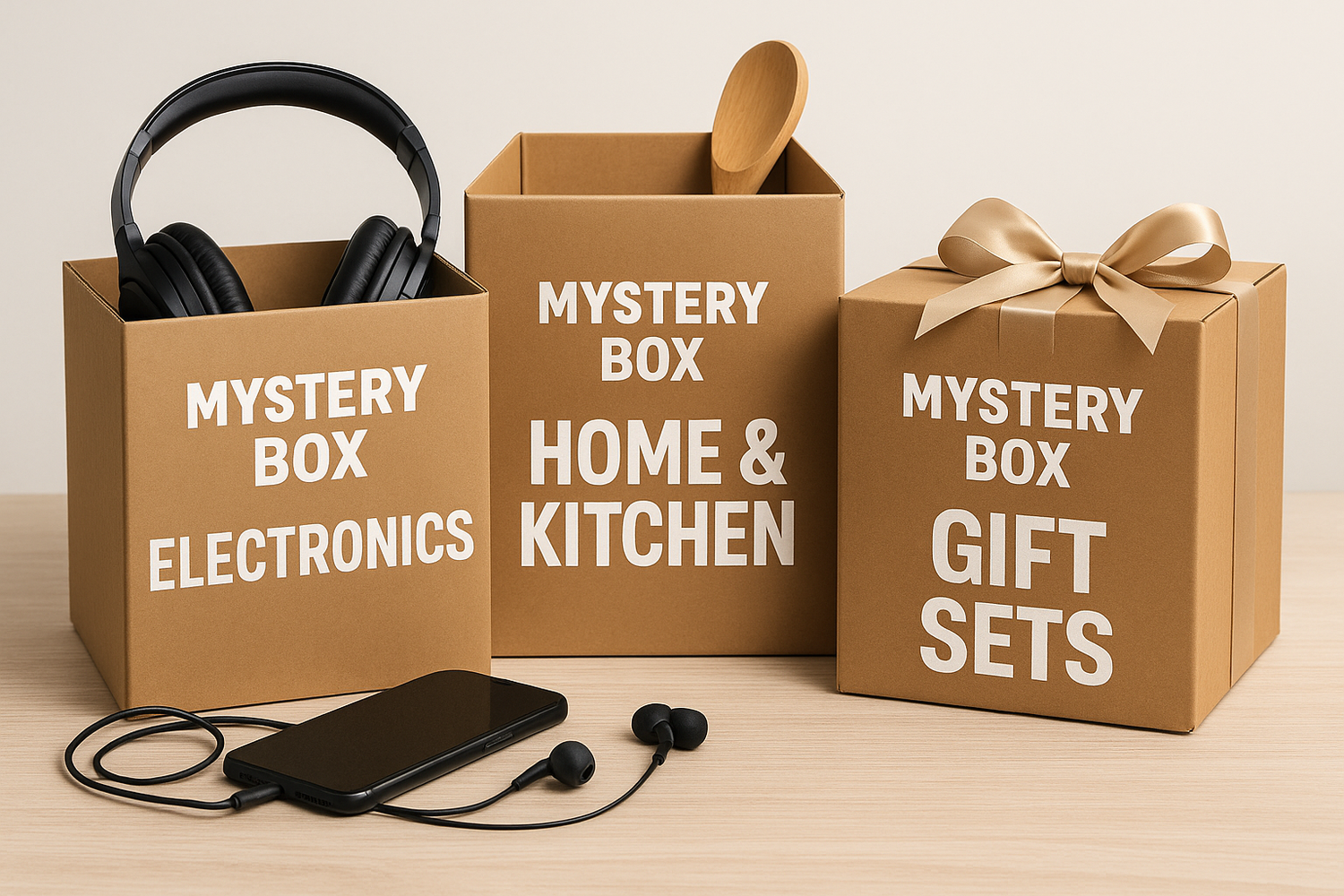 Drie bruine dozen met het label Mystery Box: Elektronica, Mysterie Box: Huis & Keuken en Mysterie Box: Cadeausets. De elektronicadoos heeft een koptelefoon, de thuisdoos een houten lepel en de cadeaudoos een lint. Oordopjes en telefoon vooraan.