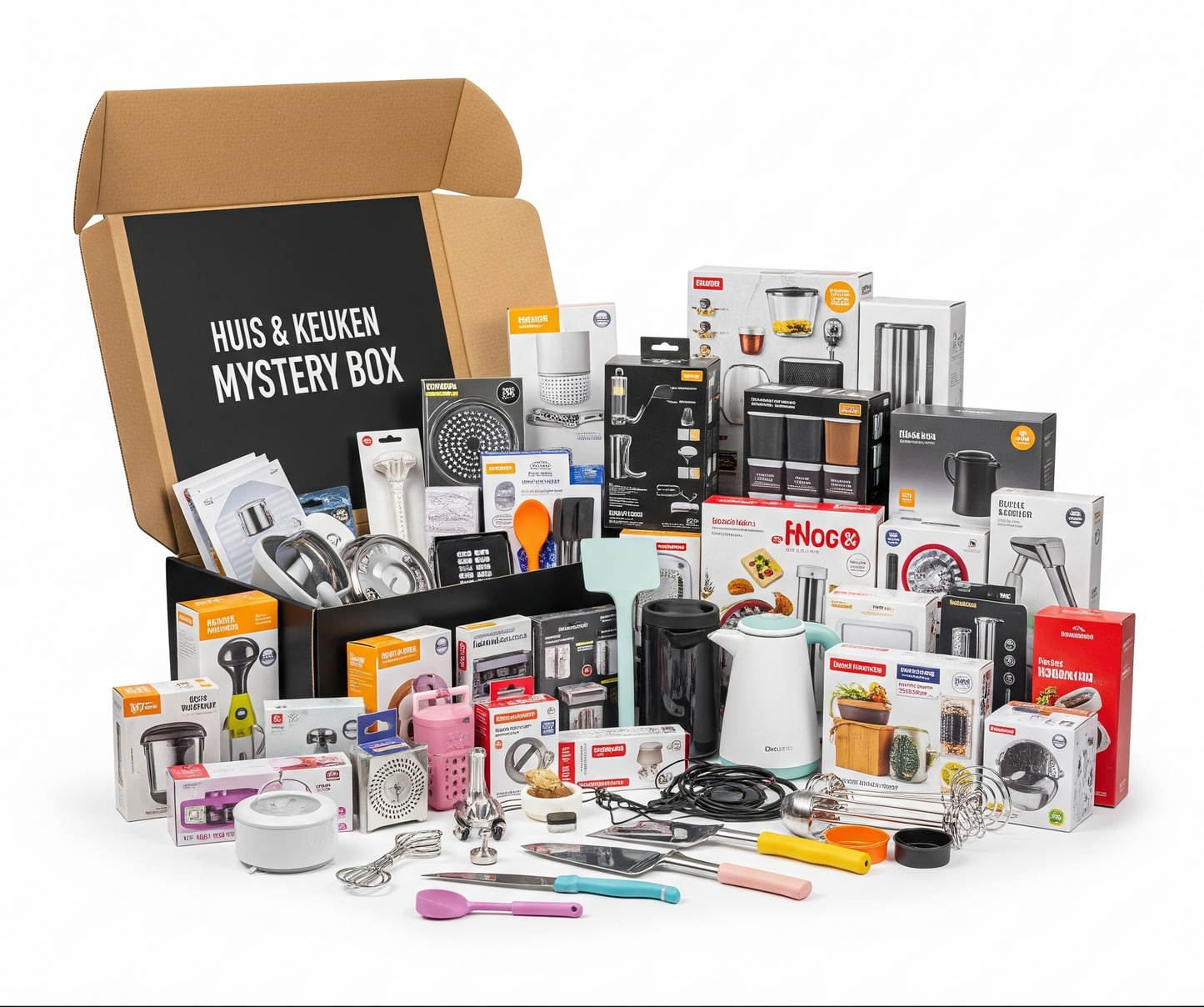 Huis en keuken mystery box van PakDieDeals.nl met huishoudelijke artikelen en keukenaccessoires, beschikbaar in klein, middel en groot.