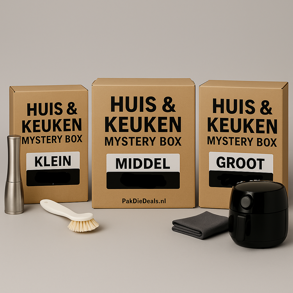 Huis en keuken mystery box van PakDieDeals.nl met handige keukenaccessoires en huishoudelijke producten, verkrijgbaar in klein (€9,99), middel (€19,99) en groot (€29,99).